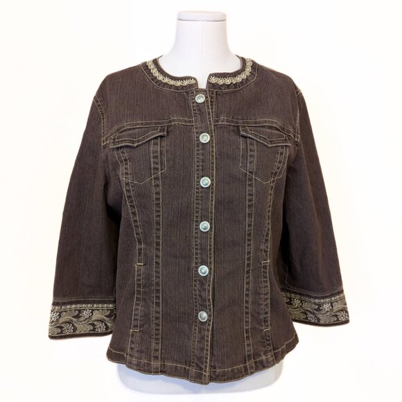 Vintage 90s Live A Little LAL Brown Denim Jacket Embroidered Snap Button Size L - Picture 1 of 9